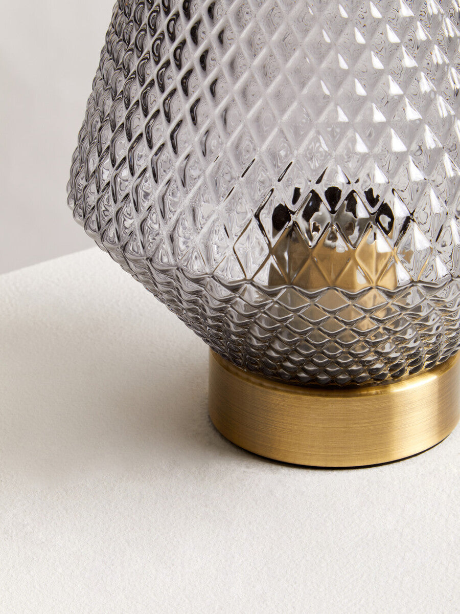 Orsina Noble Grey Smoked Glass Table Lamp with Gold Base and White Shade