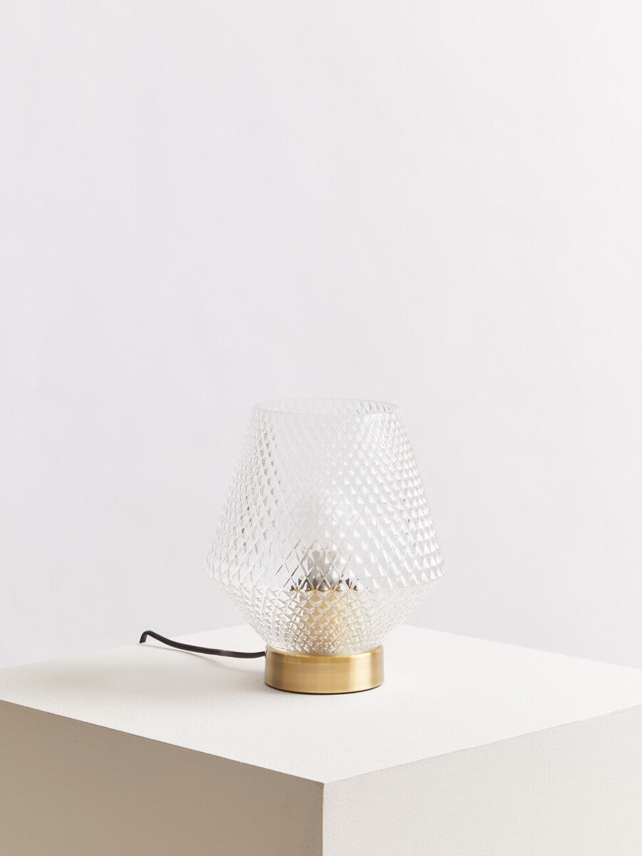 Orsina Clear Glass Table Lamp – Modern Angular Design with Gold Base