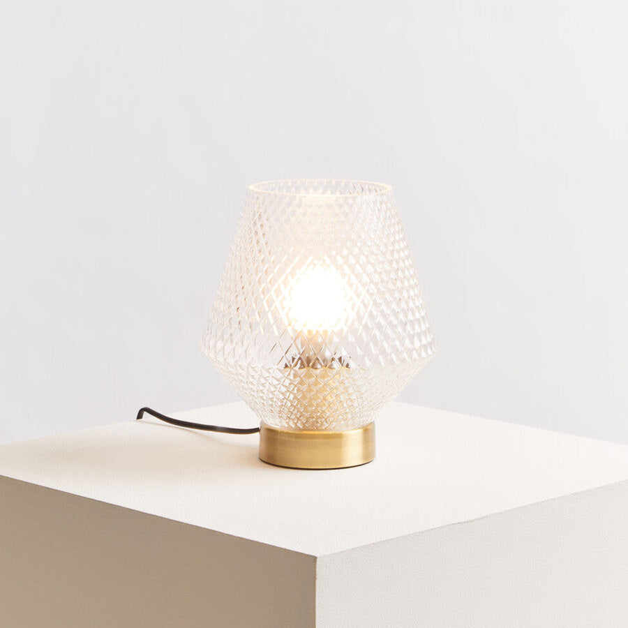 Orsina Clear Glass Table Lamp – Modern Angular Design with Gold Base