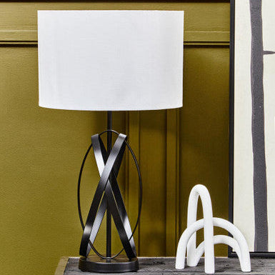 Orsina Zaina Black Cross Table Lamp | Industrial Iron & White Linen