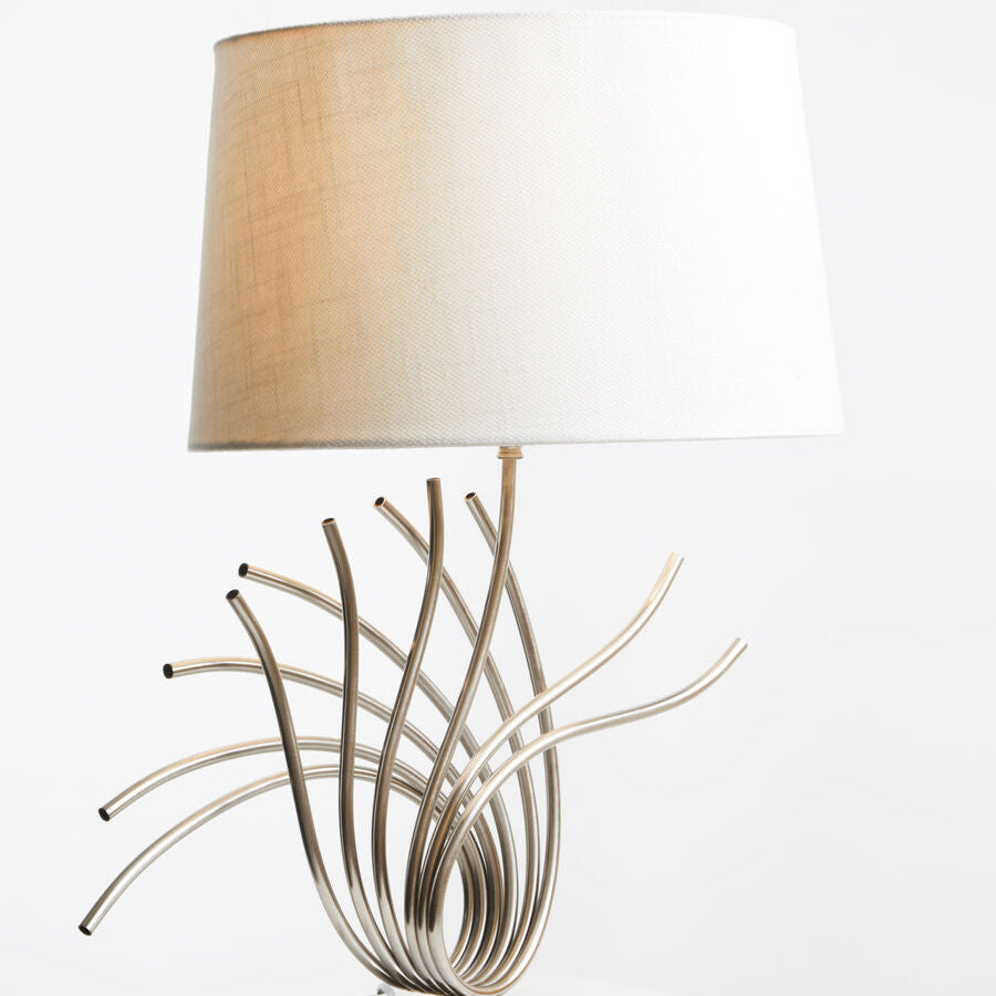 Orsina Zaha Brushed Chrome Spoke Table Lamp with White Linen Shade