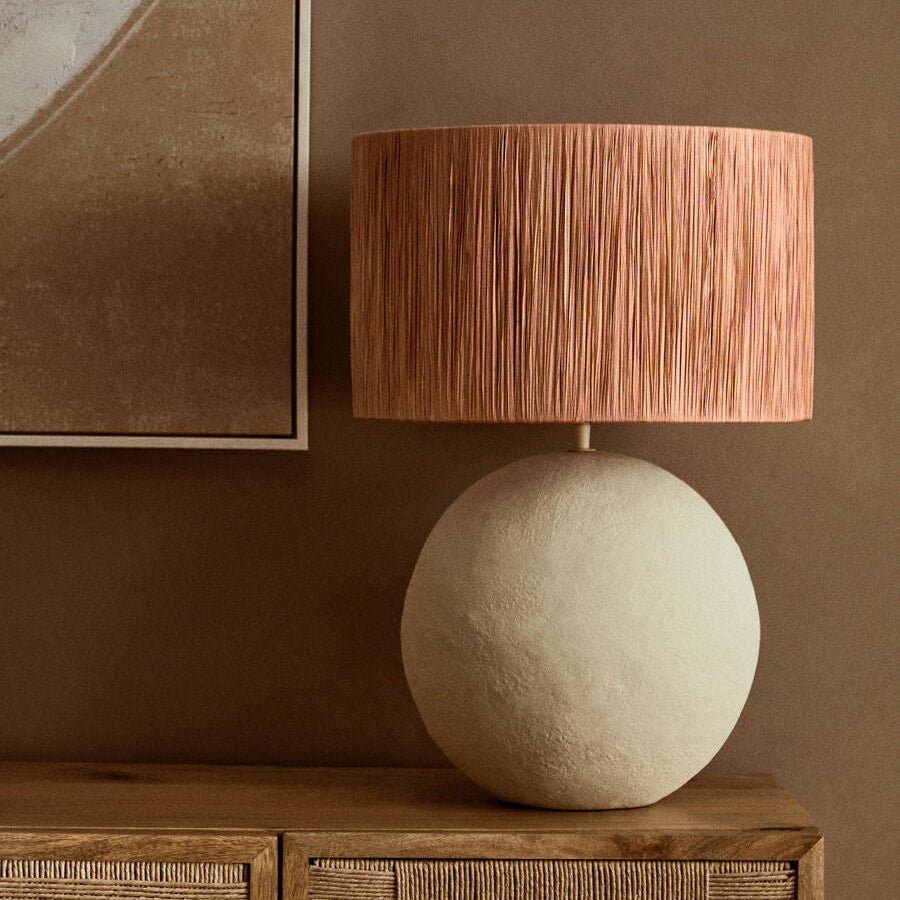 Orsina Carta Papier Mache Table Lamp with Rust Raffia Shade – 58cm