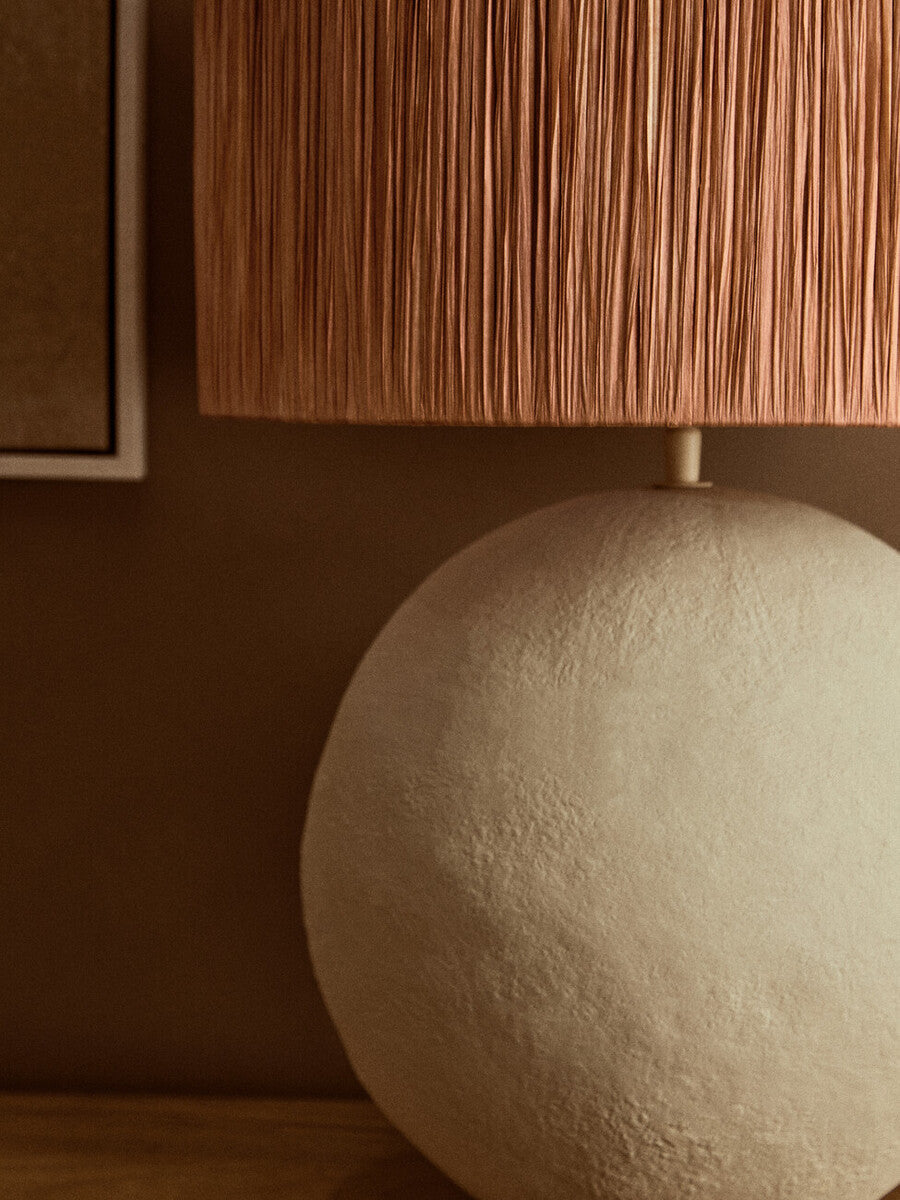 Orsina Carta Papier Mache Table Lamp with Rust Raffia Shade – 58cm