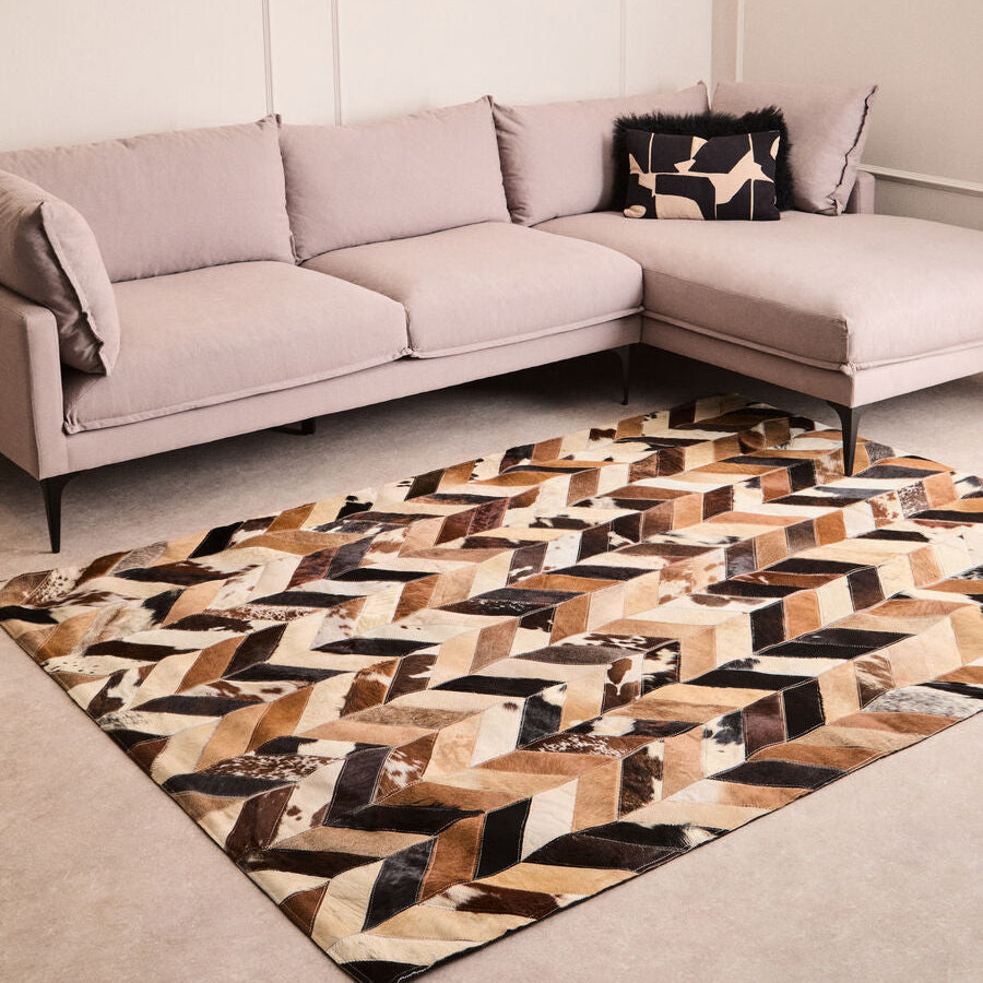 Orsina Brown Chevron Patchwork Rug – Large Hair on Leather Area Rug