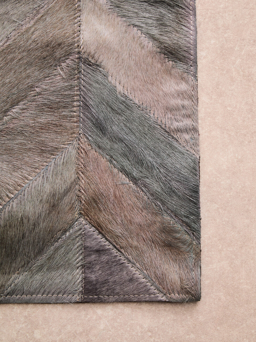 Orsina Safira Small Grey Chevron Patchwork Hair on Leather Rug