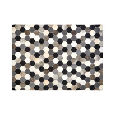 Orsina Safira Large Hexagon Patchwork Hair on Leather Rug – Grey