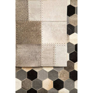 Orsina Safira Large Hexagon Patchwork Hair on Leather Rug – Grey