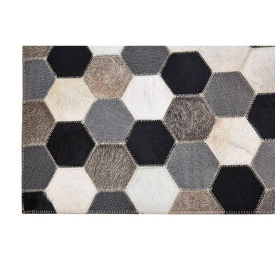 Orsina Safira Large Hexagon Patchwork Hair on Leather Rug – Grey