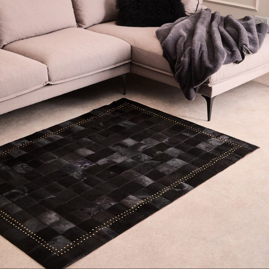 Orsina Safira Small Black Hair on Leather Rug with Gold Studs