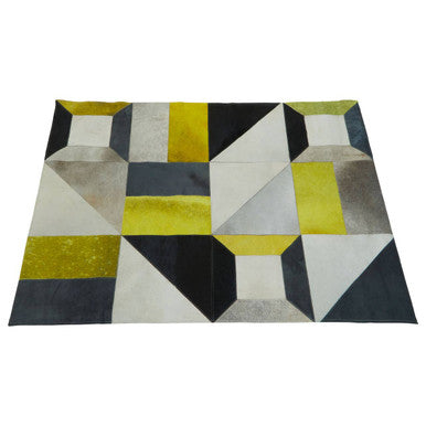 Orsina Safira Small Abstract Leather Patchwork Rug – Yellow & Grey