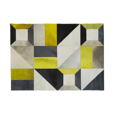 Orsina Safira Small Abstract Leather Patchwork Rug – Yellow & Grey
