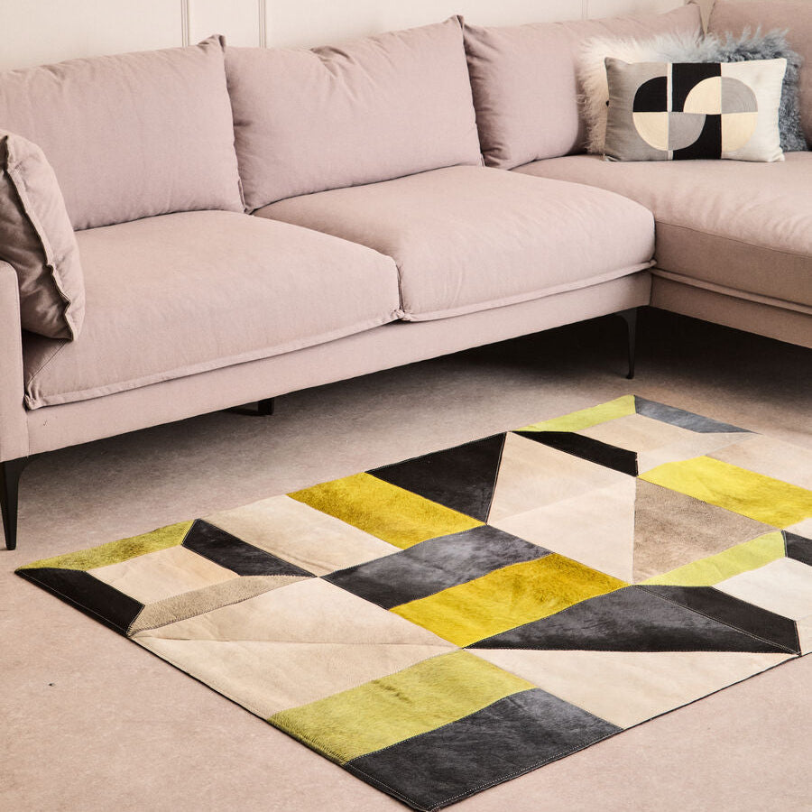 Orsina Safira Small Abstract Leather Patchwork Rug – Yellow & Grey