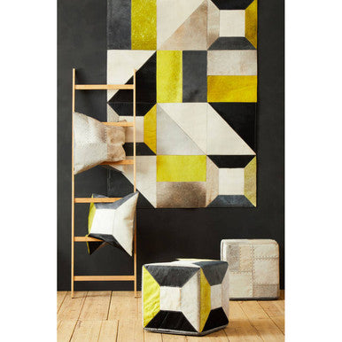Orsina Safira Small Abstract Leather Patchwork Rug – Yellow & Grey