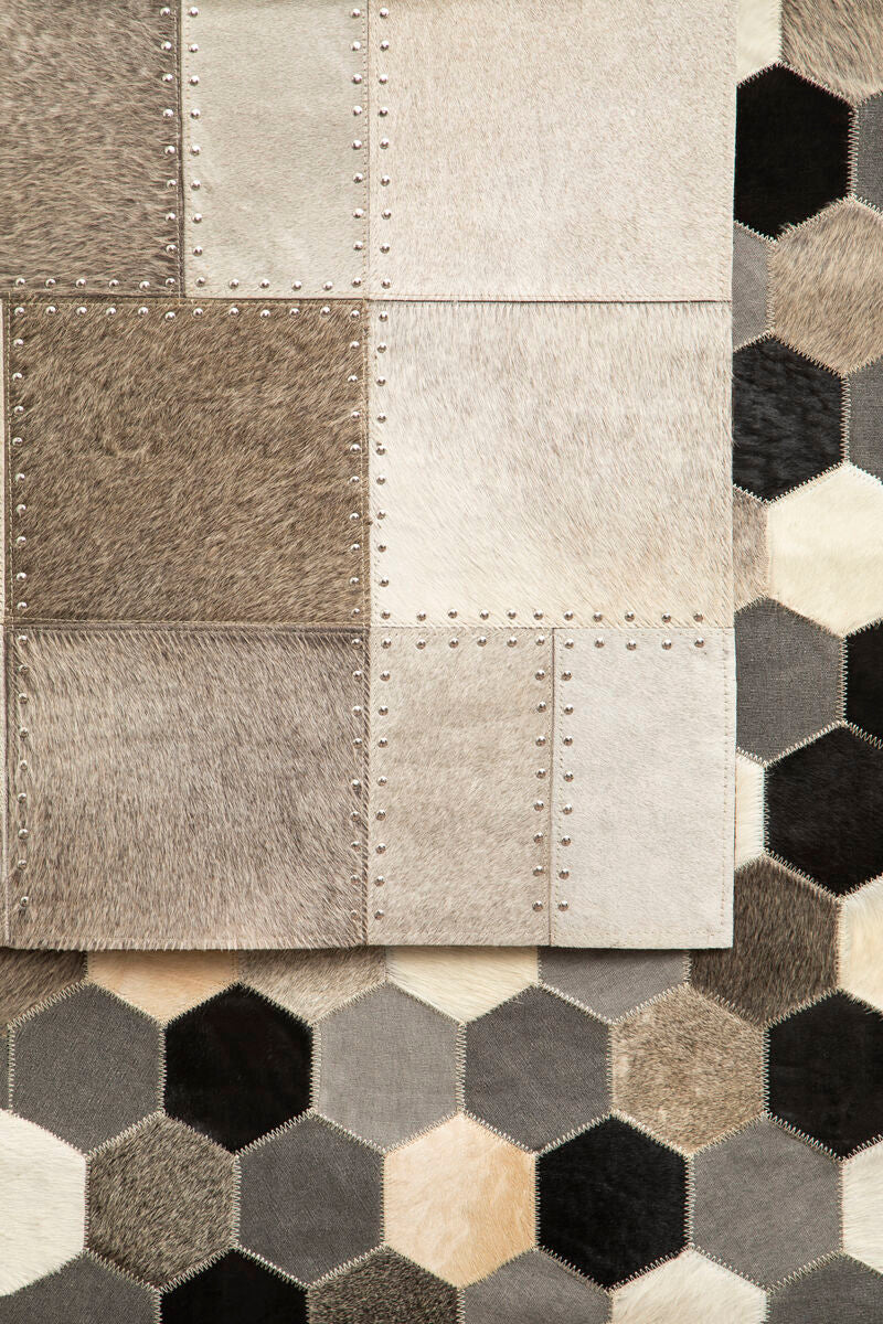 Orsina Safira Small Grey Patchwork Rug – Hair on Leather Geometric