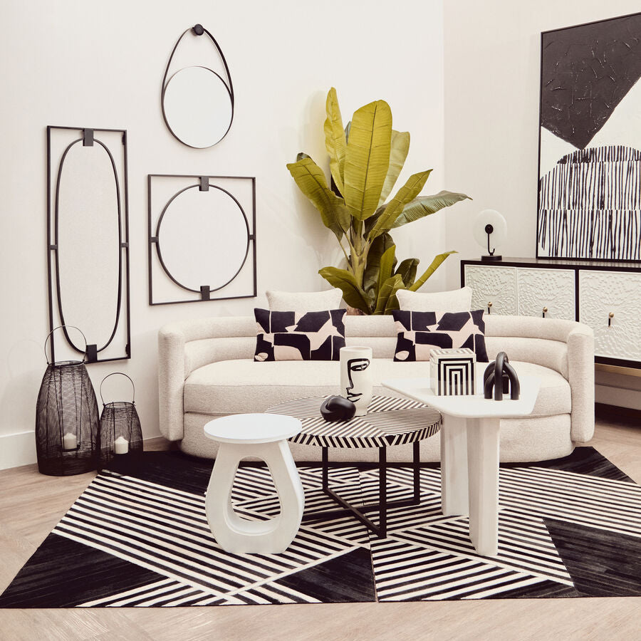 Orsina Safira Large Geometric Black and White Hair on Leather Rug