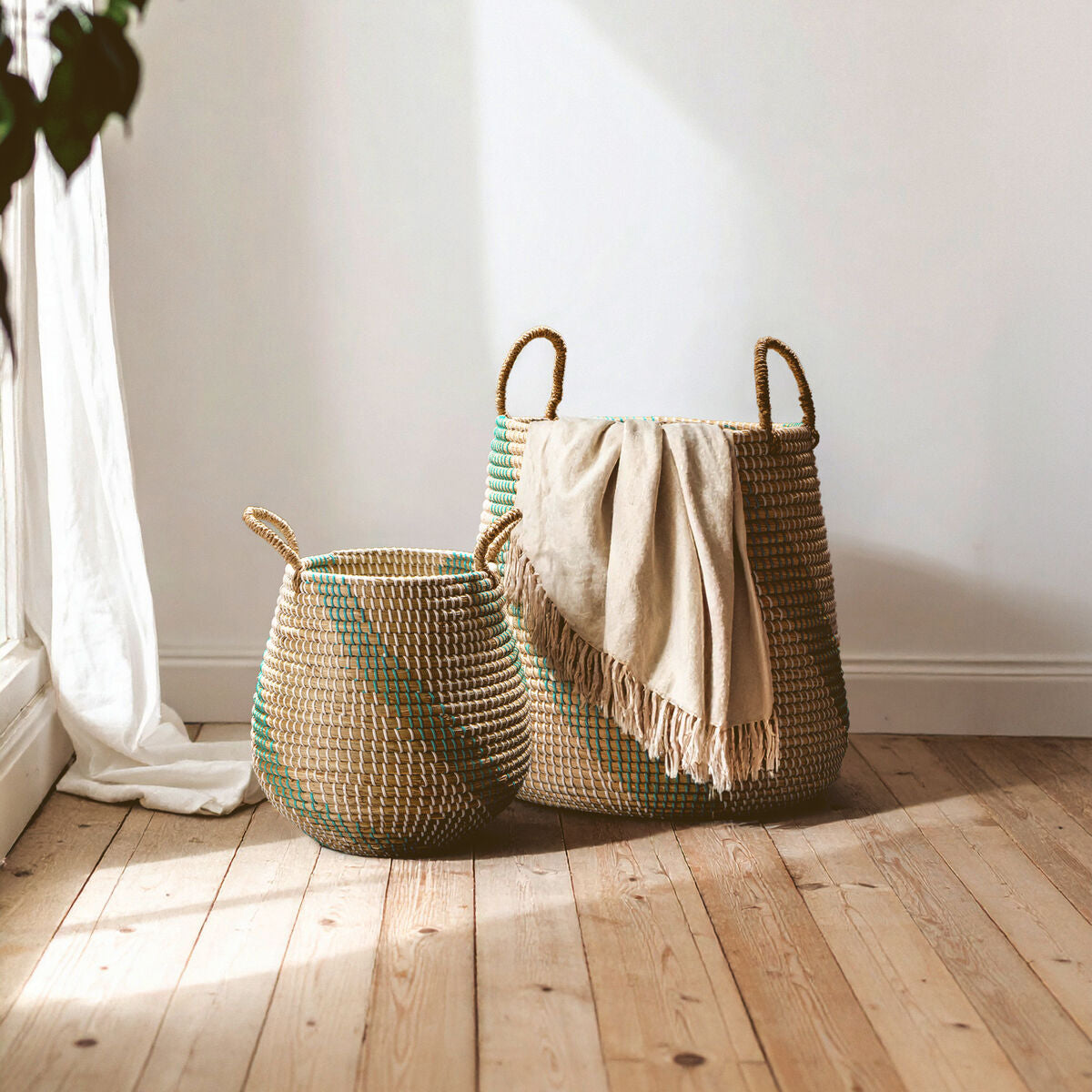 Orsina Bora Seagrass Storage Baskets – Set of 2 Woven Baskets with Handles