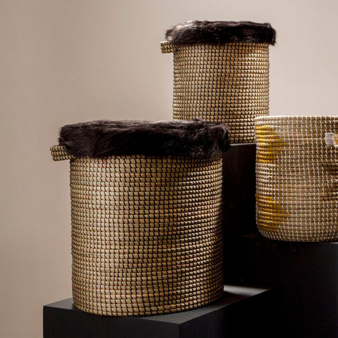 Orsina Bora Seagrass Baskets with Faux Fur Trim - Set of 2