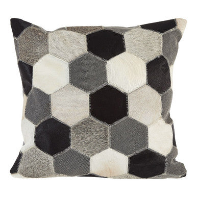 Orsina Safira Geometric Cowhide Patchwork Cushion – Black, White & Grey