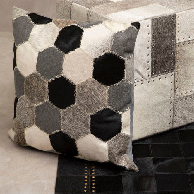 Orsina Safira Geometric Cowhide Patchwork Cushion – Black, White & Grey