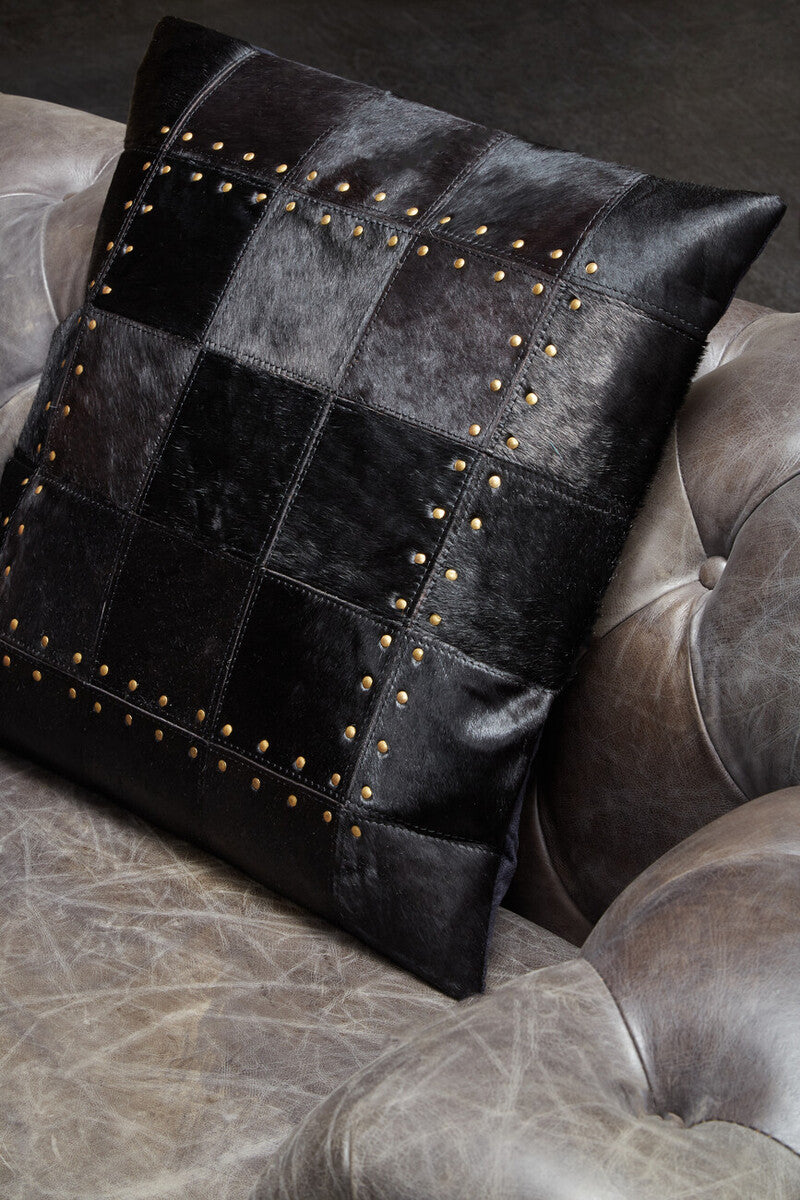 Orsina Safira Black Hair-on Leather Patchwork Cushion – Luxury Decor