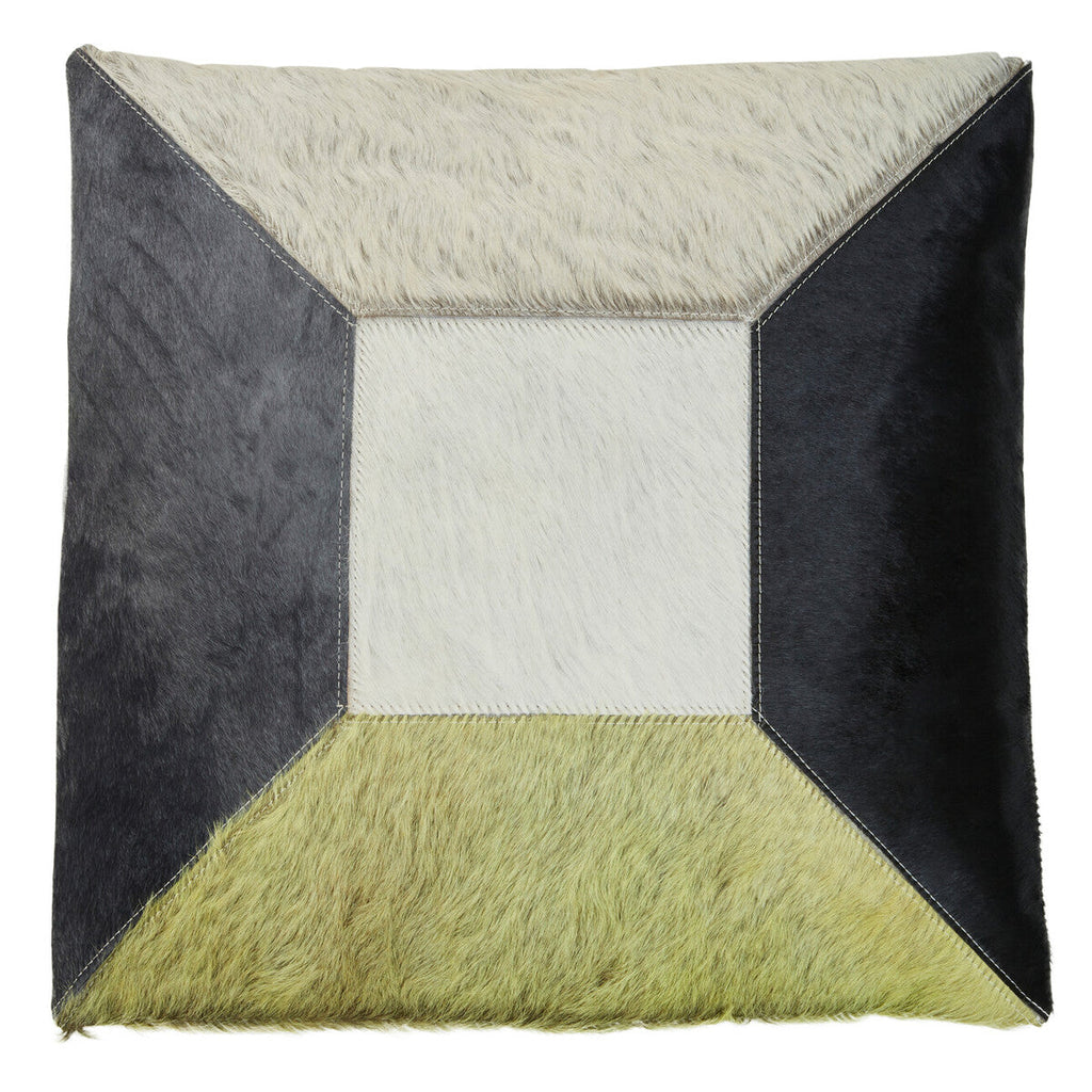 Orsina Safira Geometric Hair on Leather Patchwork Cushion – Yellow & Grey