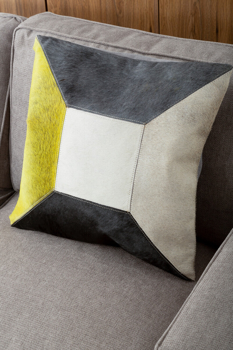 Orsina Safira Geometric Hair on Leather Patchwork Cushion – Yellow & Grey