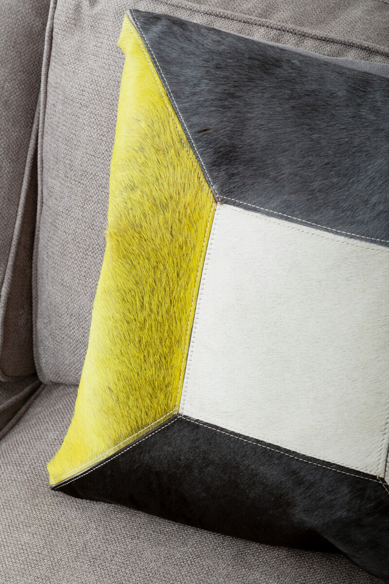 Orsina Safira Geometric Hair on Leather Patchwork Cushion – Yellow & Grey