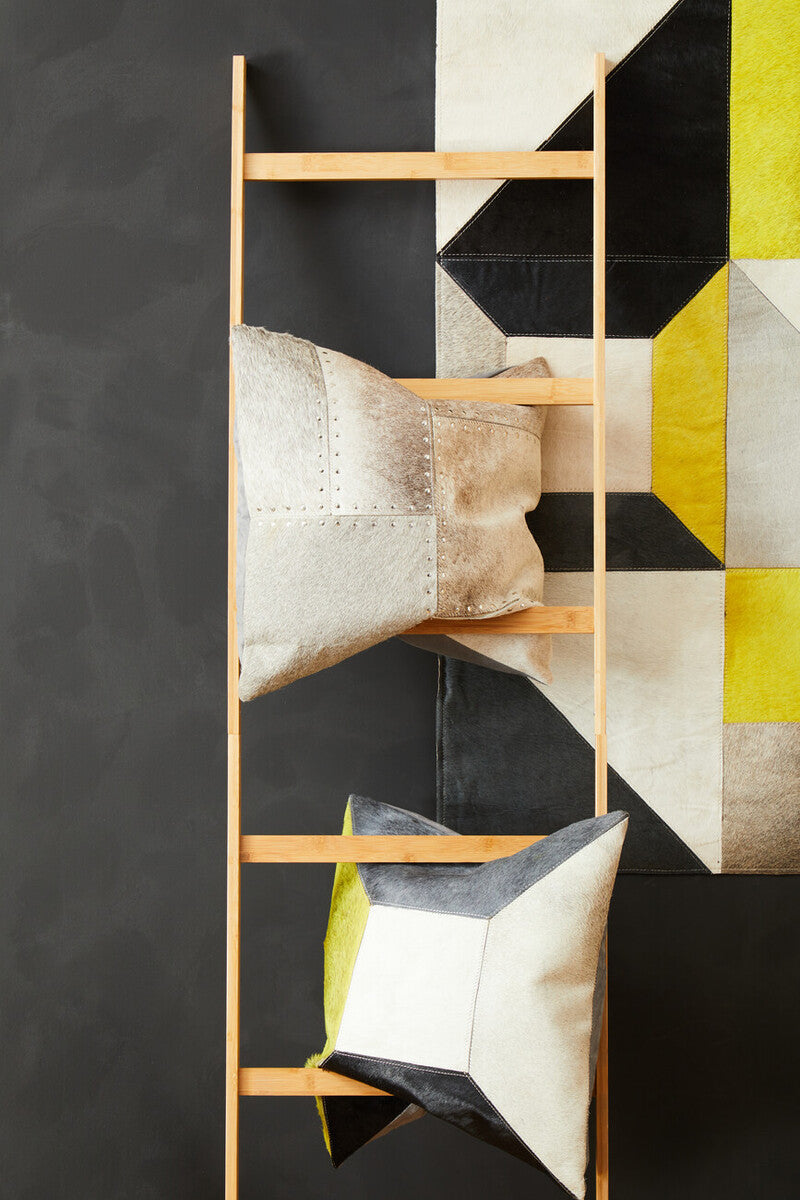 Orsina Safira Geometric Hair on Leather Patchwork Cushion – Yellow & Grey