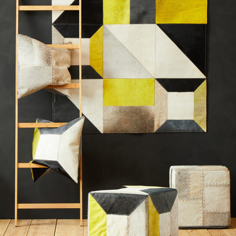 Orsina Safira Geometric Hair on Leather Patchwork Cushion – Yellow & Grey