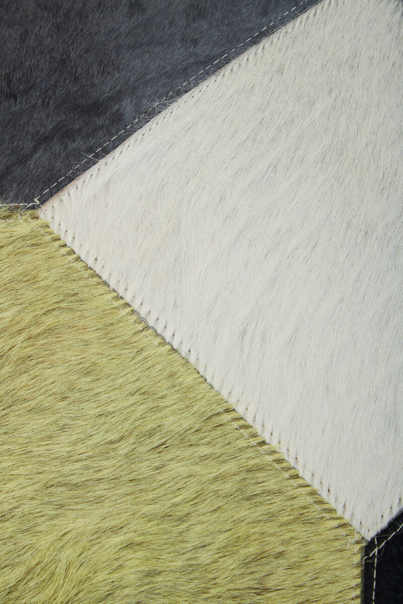 Orsina Safira Geometric Hair on Leather Patchwork Cushion – Yellow & Grey