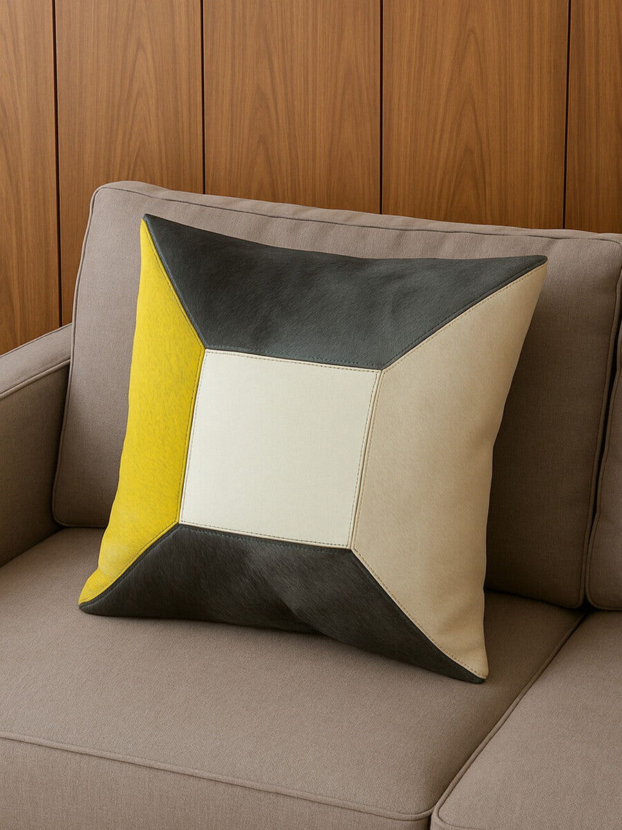 Orsina Safira Geometric Hair on Leather Patchwork Cushion – Yellow & Grey