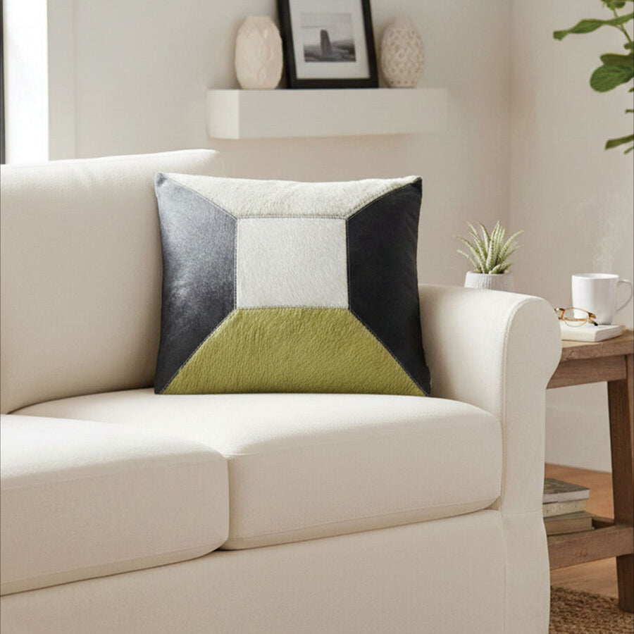 Orsina Safira Geometric Hair on Leather Patchwork Cushion – Yellow & Grey