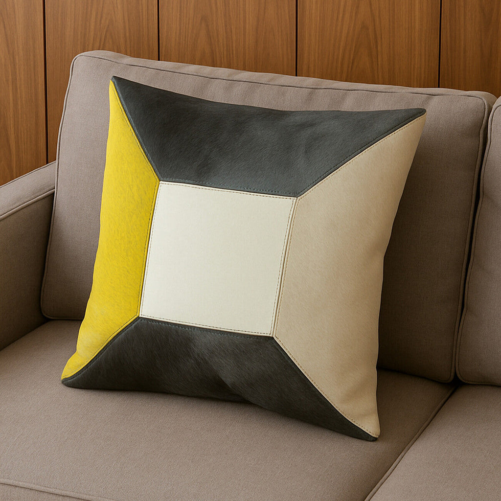 Orsina Safira Geometric Hair on Leather Patchwork Cushion – Yellow & Grey