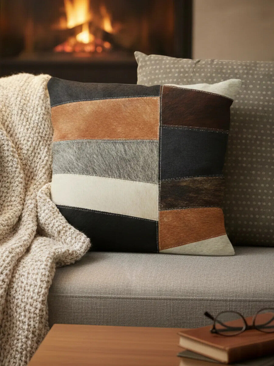 Orsina Bosie Safira Hair on Leather Patchwork Cushion – Neutral Geometric