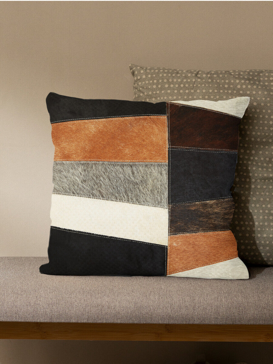 Orsina Bosie Safira Hair on Leather Patchwork Cushion – Neutral Geometric