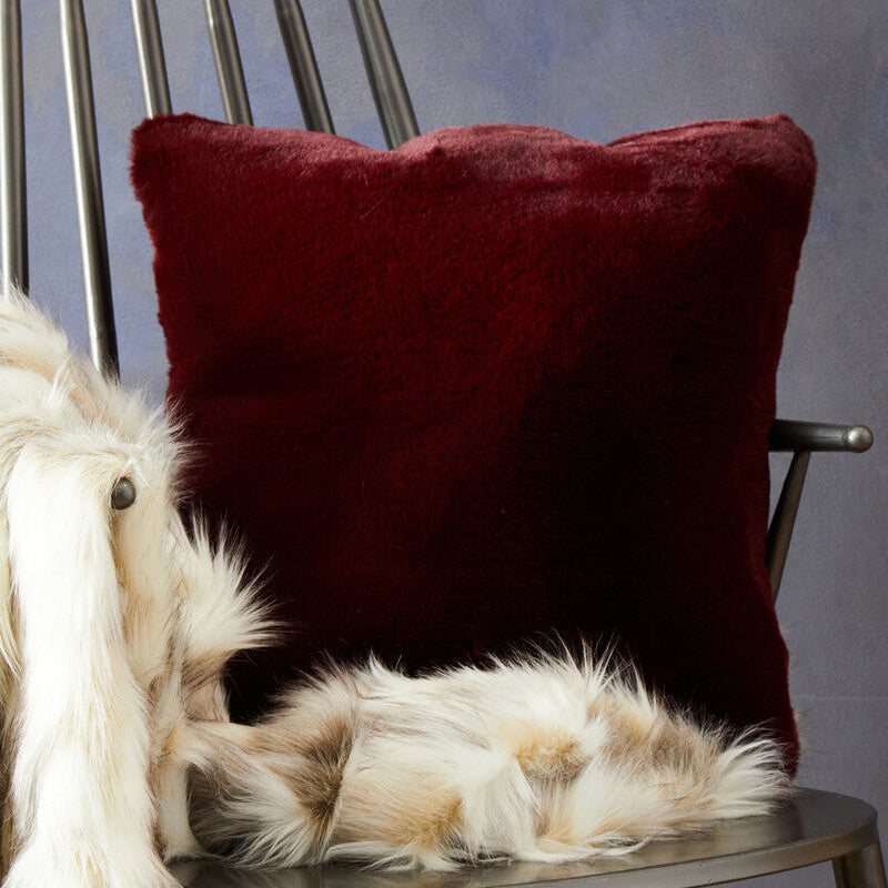 Orsina Bosie Lamina Red Wine Faux Fur Square Cushion with Feather Pad