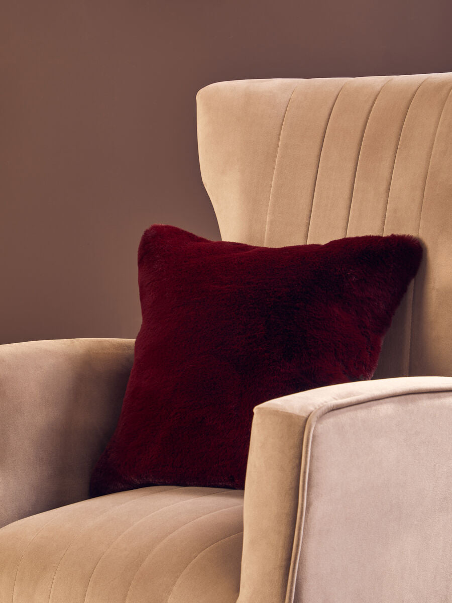 Orsina Bosie Lamina Red Wine Faux Fur Square Cushion with Feather Pad