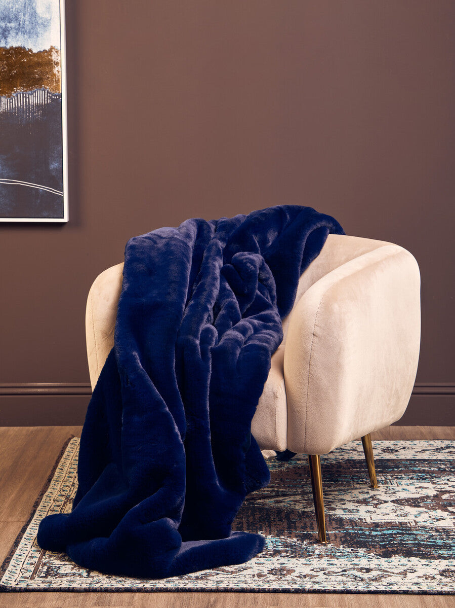Orsina Lamina Navy Blue Throw – Luxury Faux Fur Soft Plush Blanket