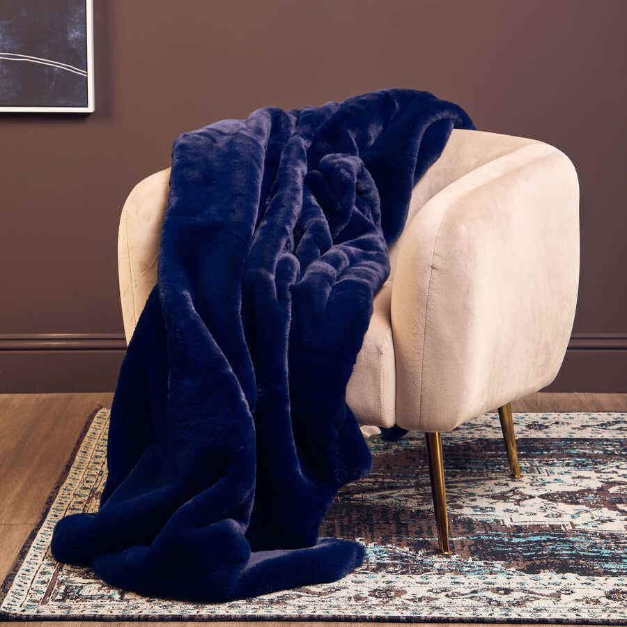 Orsina Lamina Navy Blue Throw – Luxury Faux Fur Soft Plush Blanket