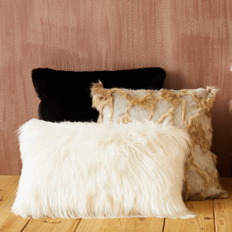 Orsina Lamina Grey Faux Fur Rectangular Cushion | Plush Lumbar Pillow