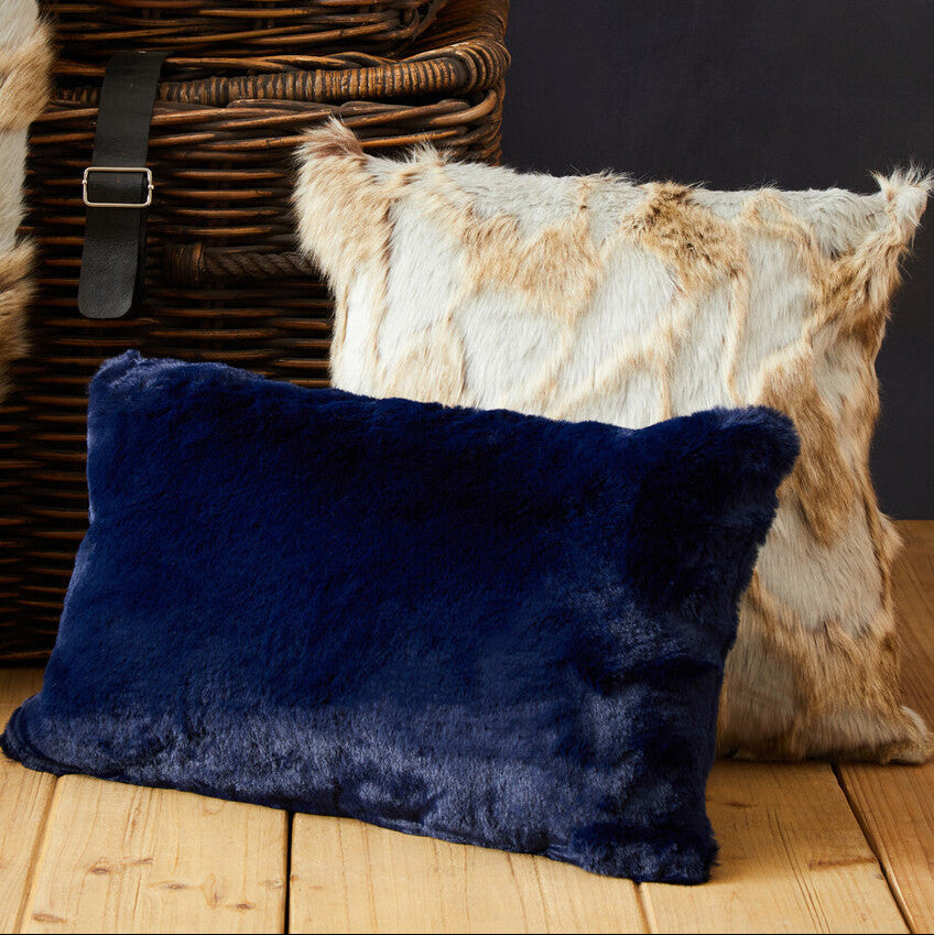 Orsina Lamina Grey and Natural Faux Fur Square Cushion | Feather Filled