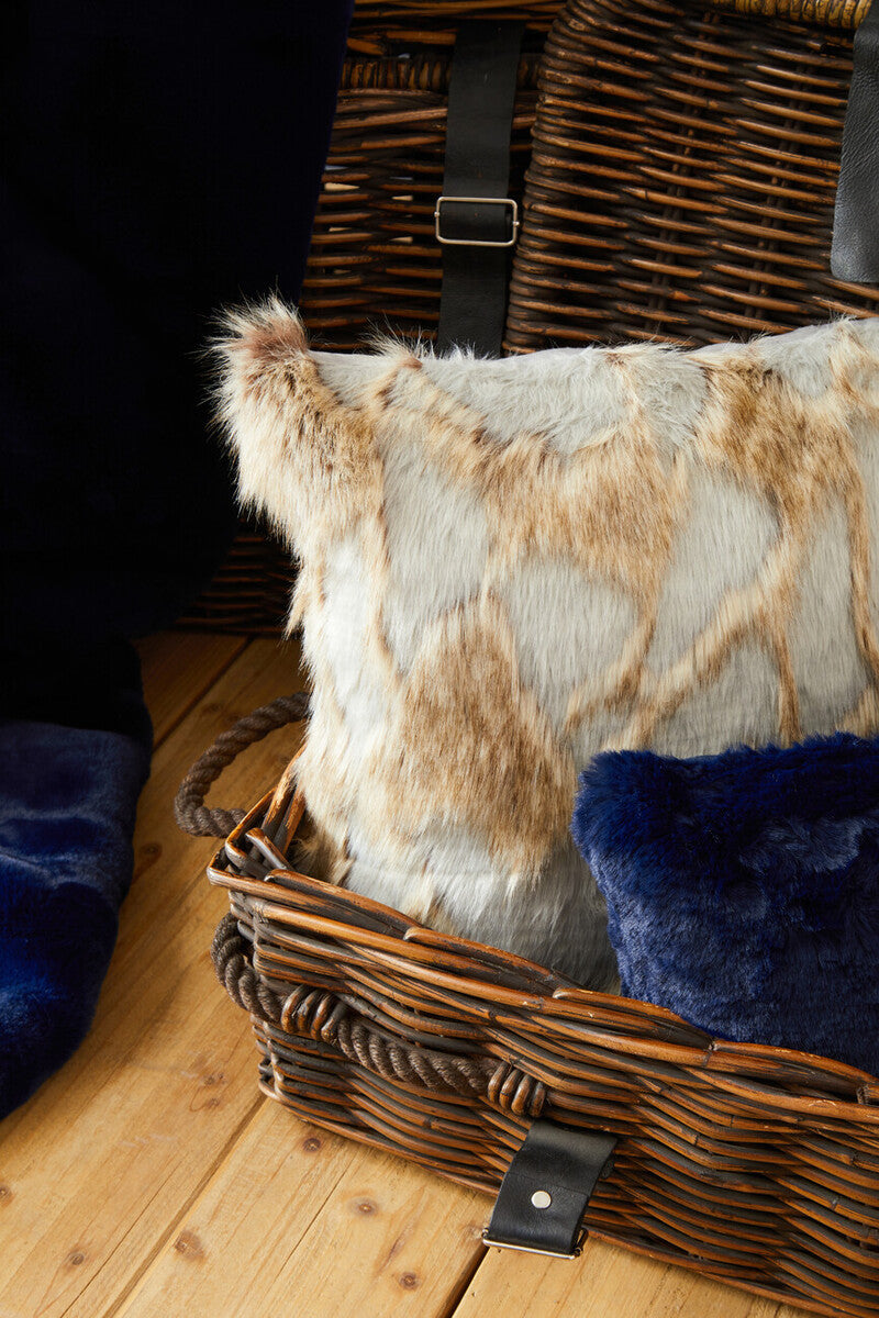 Orsina Lamina Grey and Natural Faux Fur Square Cushion | Feather Filled