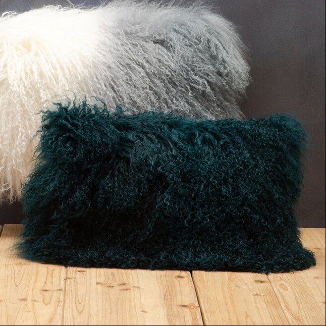 Orsina Teal Mongolian Fur Rectangular Lumbar Cushion – Genuine Lamb Fur