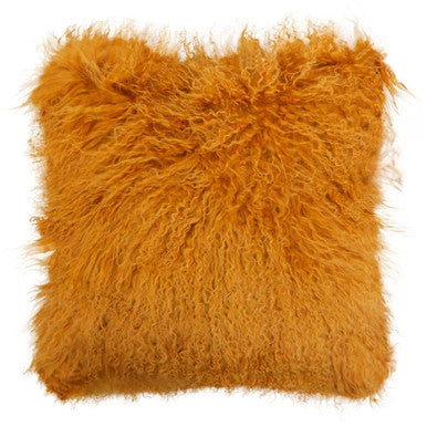 Orsina Real Mongolian Fur Square Cushion – Ochre Lamb Fur Pillow