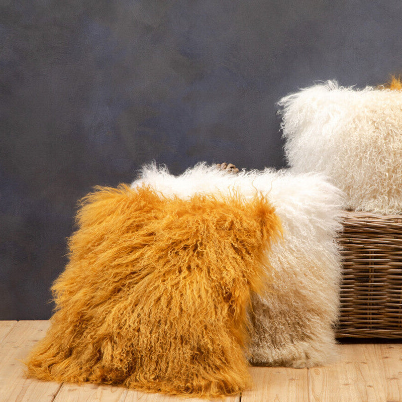 Orsina Real Mongolian Fur Square Cushion – Ochre Lamb Fur Pillow