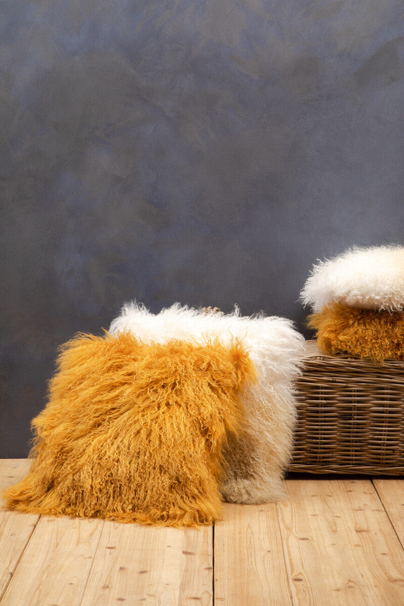 Orsina Real Mongolian Fur Square Cushion – Ochre Lamb Fur Pillow