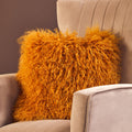 Orsina Real Mongolian Fur Square Cushion – Ochre Lamb Fur Pillow