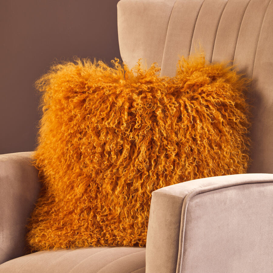Orsina Real Mongolian Fur Square Cushion – Ochre Lamb Fur Pillow