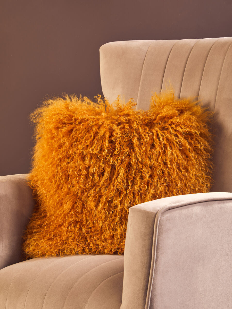 Orsina Real Mongolian Fur Square Cushion – Ochre Lamb Fur Pillow