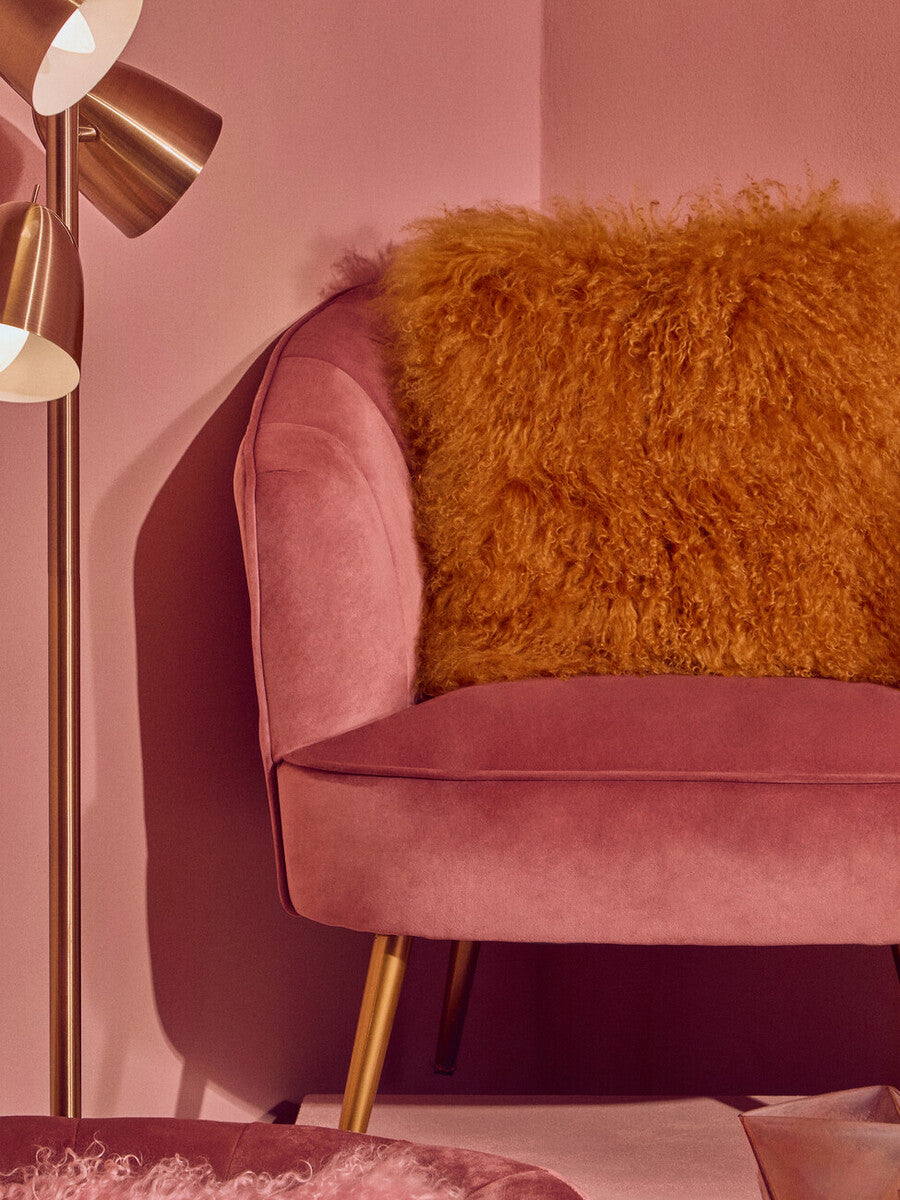 Orsina Real Mongolian Fur Square Cushion – Ochre Lamb Fur Pillow